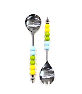 Ensemble cuillère et fourchette de service en métal à poignée de perles colorées avec serveur à salade en acier inoxydable de qualité supérieure à prix bon marché - Product Image 1