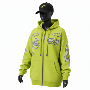 เสื้อฮู้ดดี้ผู้หญิงแบบซิปเต็มตัว คุณภาพพรีเมียม ผ้าฟลีซเนื้อนุ่ม ผสมผ้าฝ้ายและโพลีเอสเตอร์ สีเขียวมะนาว ปักโลโก้และแพทช์ เสื้อฮู้ดดี้แบบพื้นฐาน - Product Image 1