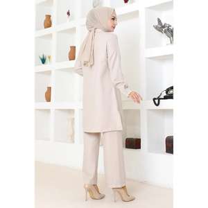 Conjunto de 2 Piezas para Mujer, Estilo Casual, Color Beige, con Detalle de Volantes, Top Largo, Pantalones Cortos a la Rodilla, Cuello Redondo, 100% Poliéster-MSW19224-3 - Product Image 4