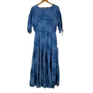 Ted Baker London Women's Blue Floral Print Puff Sleeve Faux Wrap Empire Waistline A-Line Midi <b>Dress</b> Size 2 <b>Romantic</b> Chiffon - Product Image 5