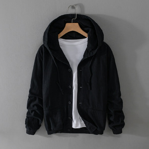 Veste universitaire à capuche décontractée de luxe en toile fine pour hommes avec fermeture à bouton unique Logo avant de couleur pure pour le printemps - Product Image 3