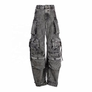 Nouveauté Jeans droits pour femmes taille haute Vente en gros Multi-poches Grande taille Pantalon cargo en denim à jambes larges Style empilé - Product Image 1
