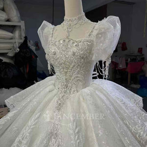 For OY007 Princess Puff Sleeve Tassel Embroidery Modern Lace Chapel Train Long Floor-Length Women's Bridal Gowns - Product Image 3