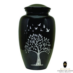 Urna Funeraria Negra Brillante Estilo Americano/Europeo con Diseño de Pájaros en el Árbol, Ecológica, 10 Pulgadas, 220 Pulgadas Cúbicas - Product Image 3