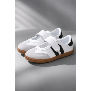 Bailarinas deportivas de velcro para mujer, de piel auténtica y ante, con plantilla de PU, blancas y negras, con diseño liso, sin cordones, para otoño, con una sola tira en la puntera. - Product Image 2