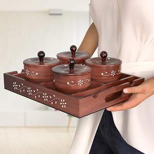 Traditional Wooden Dry Fruit Container with Lids <b>Herb</b> & <b>Spice</b> <b>Tools</b> for Serving and Gifting Economical Decorative Tray - Product Image 1