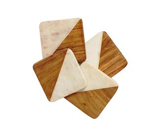 5pc Marble <b>Coaster</b> <b>Set</b> Warm Natural Wood <b>and</b> Marble Mango <b>coaster</b> Made in India - Product Image 4