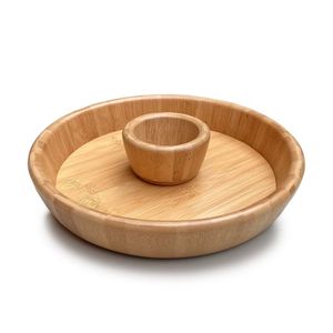 Wooden Round <b>Chip</b> and Dip <b>Tray</b> with Three Divided Sections Stylish Snack and Dip Serving Platter latest - Product Image 4