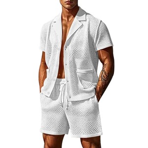 Conjuntos informales de lino y algodón transpirable para hombre, conjuntos de camisas y pantalones cortos con botones y cuello levantado Vintage para hombre, ropa de verano - Product Image 6