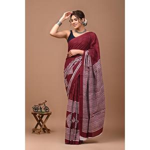 ผ้าซารีแบบจัยปุรี บาเนราซี ผ้าเน็ตจอร์เจตต์เนื้อนุ่มแต่หนา ลายพิมพ์จัยปุรีแท้ๆ งานปักมือ ผ้าฝ้าย งานฝีมือแบบดั้งเดิม ทันสมัย สไตล์ชาติพันธุ์ - Product Image 1