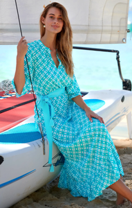 ชุดแมกซี่เดรสยาวพิมพ์ลายลำลองเสื้อคอตตอนพร้อมเนคไทชุดแม็กซี่แขน3/4th มีกระดุมสำหรับฤดูร้อน - Product Image 6