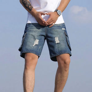 Pantalones cortos de mezclilla de verano para hombre, pantalones vaqueros rasgados azules con múltiples bolsillos, pantalones cortos de estilo informal con agujeros destruidos de algodón sólido para hombre - Product Image 4