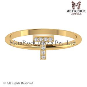 Sólido 14K oro amarillo T inicial anillo Pave diamante joyería hecha a mano A a Z minimalista letras anillo oro diamante joyería T anillo - Product Image 4