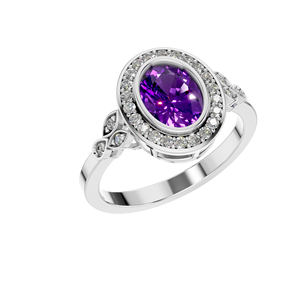 Elegante anillo de compromiso personalizado de Plata de Ley 925 Original Moissanite Halo sintético corte ovalado amatista 29-piedra chapada en rodio - Product Image 1