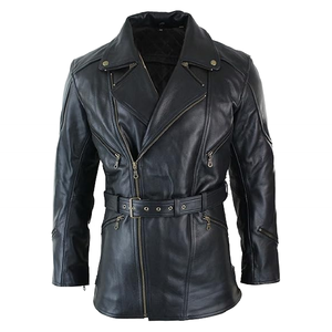 Blouson de motard unisexe noir en cuir véritable avec ceinture, poches zippées, coupe ajustée, style moto, pour automne-hiver, coupe-vent, col rabattable - Product Image 1