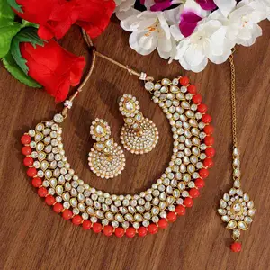 Kundan Collar de colorido tradicional de India, joyería india de moda de diseño exclusivo, collar indio ligero con pendientes largos