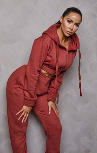 Venta caliente personalizado Rust 2 piezas de las mujeres recortadas Zip Front Hoodie y pantalones de chándal Conjunto de Jogger de las mujeres - Product Image 2
