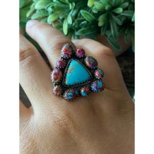 Southwest Handmade <b>Turquoise</b> & Sterling Silver Adjustable Boho Cluster <b>Ring</b> - Product Image 2