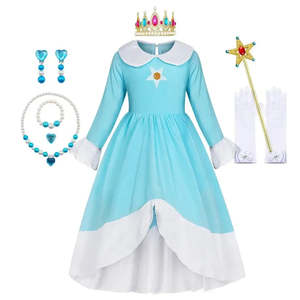 Robe de princesse Rosalina Peach Daisy pour enfants, robe de bal formelle en satin, col rond, motif brodé, paillettes, rubans, perles - Product Image 6