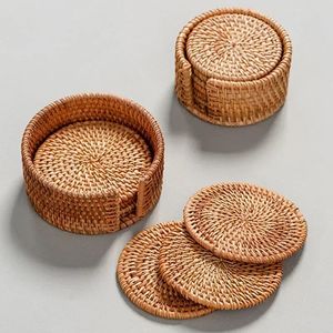 High Quality Handwoven round Rattan <b>Coasters</b> <b>with</b> <b>Holder</b> Classic Pottery Insulated Heat Woven Placemats Eco-Friendly <b>Coaster</b> <b>Set</b> - Product Image 1