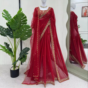 Designer 2023 Georgette Saree Dentelle Bordure Haute Qualité Dames Fête Porter Impression Dessinée À La Main pour L'été Hiver Indien En Gros - Product Image 1