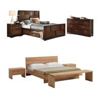 Ensemble de lit de luxe moderne en bois sur mesure avec rangement, table de chevet et commode, finition acajou