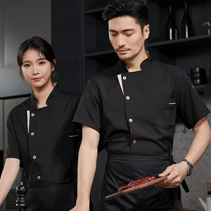 Conjunto de uniforme de personal de restaurante y bar de sarga con logotipo personalizable, Chaqueta corta y delantal para atuendo de personal personalizado - Product Image 3