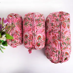 Floral Hand Block Printed Zipper Quilted Pink Make Up Bag Set With Tassel Cotton Indian Travel Carry Cosmetic Pouch Wholesale
