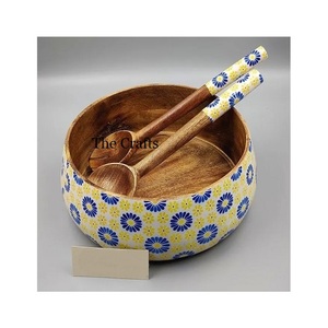 Printed Wooden Food <b>Serving</b> Bowl With 2 <b>Spoon</b> Highest Quality Round Shape Food <b>Serving</b> Bowl At Acceptable Price - Product Image 2