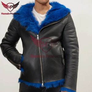 Mens Black Shearling Leather <b>Jacket</b> Blue Fur Lined Biker Coat Genuine <b>Sheepskin</b> Winter Luxury Motorcycle <b>Jacket</b> - Product Image 6