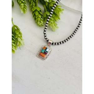 Southwest Style Cobblestone Pendant with Multi-Stone & Sterling Silver Bezel Setting Inlay - Product Image 4