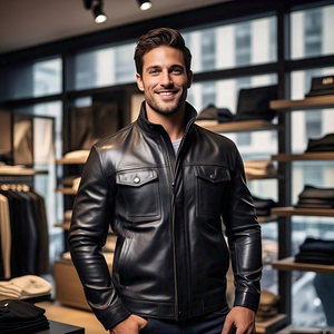 Vestes en cuir à fermeture éclair à col montant OEM Veste en cuir PU vintage pour hommes Veste en cuir avec poche poitrine style de rue pour hommes - Product Image 3