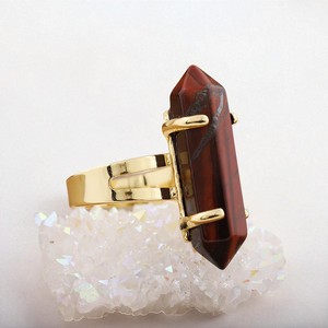 Double Pointed Healing Red <b>Tiger</b> <b>Eye</b> Gemstone <b>Rings</b>- Long Stone Gold Plated Women <b>Ring</b> - 925 Silver Crystal <b>Ring</b> Jewelry - Product Image 1