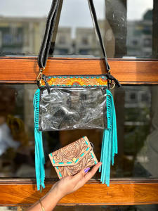 New Real Western Stylish Handcrafted Tooled Leather Fringe Clear Stadium <b>Bags</b> Color Tooled Leather Coin <b>Change</b> Keyring Wallets - Product Image 2