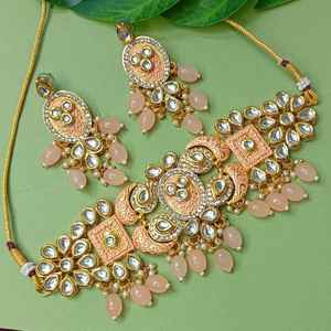Bijoux de mariée pour femmes cristal Kundan fausse perle collier ras du cou boucle d'oreille ensemble de bijoux, couleur pêche - Product Image 1
