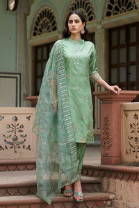 Ensemble Kurti Pant Dupatta en soie de qualité supérieure avec broderie Travail lourd en organza Dupatta brodé Ensemble Kurti - Product Image 5