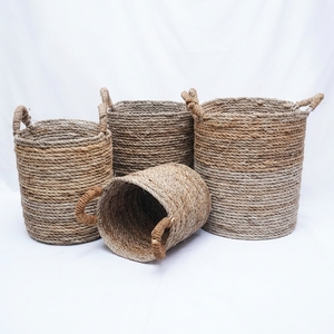 Ensemble de paniers de rangement en écorce de bananier naturelle, cylindres horizontaux tressés avec poignée en arche, pot de fleurs, décoration artistique pure pour la maison - Product Image 3