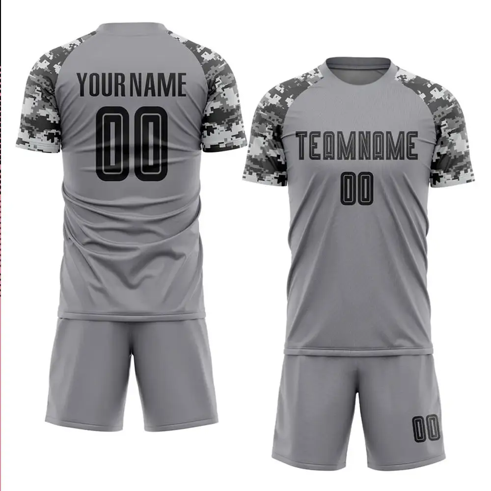 Individuelles grau schwarz-Camo Sublimations-Fußballuniform Jersey Fußballverein Spielerversion Langes Hemd Fußball-Heimschale