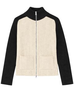 Women Two Tone Ribbed Knit Zip Up <b>Cardigan</b> Sweater High Neck Long Sleeve Soft Winter Warm Casual Knitwear <b>Black</b> White Color - Product Image 1