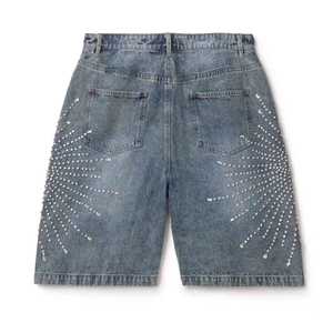 Custom High Quality <b>Baggy</b> Denim Shorts for Men 100% Cotton Distress Patchwork Denim <b>Jorts</b> Streetwear <b>Jorts</b> with Man Rhinestone - Product Image 2