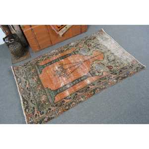 Tapis turc vintage en laine, patchwork écologique, tapis Ombré 3,2x5,1 pieds, orange vert, avec support en latex - Product Image 2
