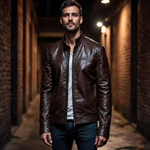 แจ็กเก็ตหนัง PU สำหรับผู้ชายเสื้อแจ็กเก็ตหนังมอเตอร์ไซค์เสื้อโค้ทหนัง PU แบบย้อนยุคมีกระเป๋าหน้าอก OEM - Product Image 5