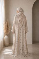 Setelan Abaya 3 Potong Ramadan EID Muslimah Elegan Mewah Berhias Manik-Manik Linen Bordir Tangan Terbuka (Kimono + Gaun Dalam + Hijab)