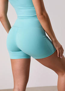 Short bleu aquatique enveloppant avec logo personnalisé pour femmes Short de gymnastique à taille haute pour femmes avec ceinture compressive qui évacue la sueur - Product Image 5