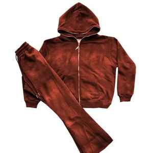 Survêtements à capuche vintage d'hiver personnalisés, survêtement en polaire épaisse 100% coton, pantalon de survêtement évasé en deux pièces, ensemble de joggers empilés pour hommes - Product Image 2