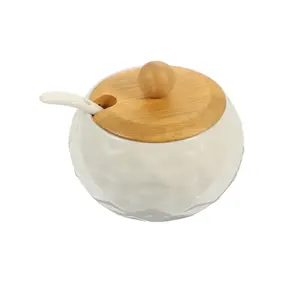 Supplier Wholesale ceramic salt box 250ml 500ml Wide design Storage Jars With wood Lid with spoon fast delivery
