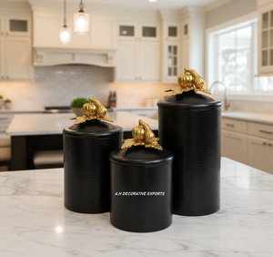 Customizable Hammered Stainless Steel Canister with Buckle <b>Lid</b> Black with Gold Top Eco-Friendly for Kitchen Food Storage - Product Image 1