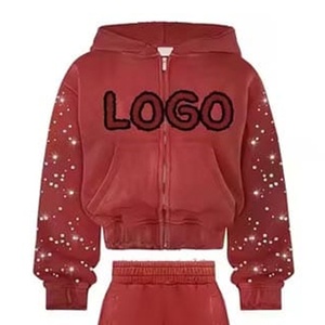 Personalizado ácido Rhinestone lavado hombres mujeres con capucha polar Chenille bordado y bolsillos invierno sudadera con pantalones de chándal conjunto - Product Image 2