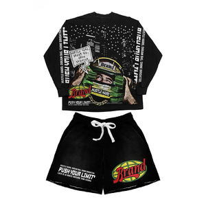 Conjunto de Sudadera y Pantalón Corto para Hombre, Estampado Vintage, Oversize, Personalizado, con Efecto Desgastado, Pedrería y Sudadera Corta con Cremallera - Product Image 1