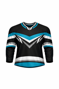 Jersey de Hockey sobre Hielo para Hombre, Negro, Verde Azulado y Blanco a Rayas, Manga Tres Cuartos, Cuello en V, Absorbe la Humedad, Sublimado - Product Image 1